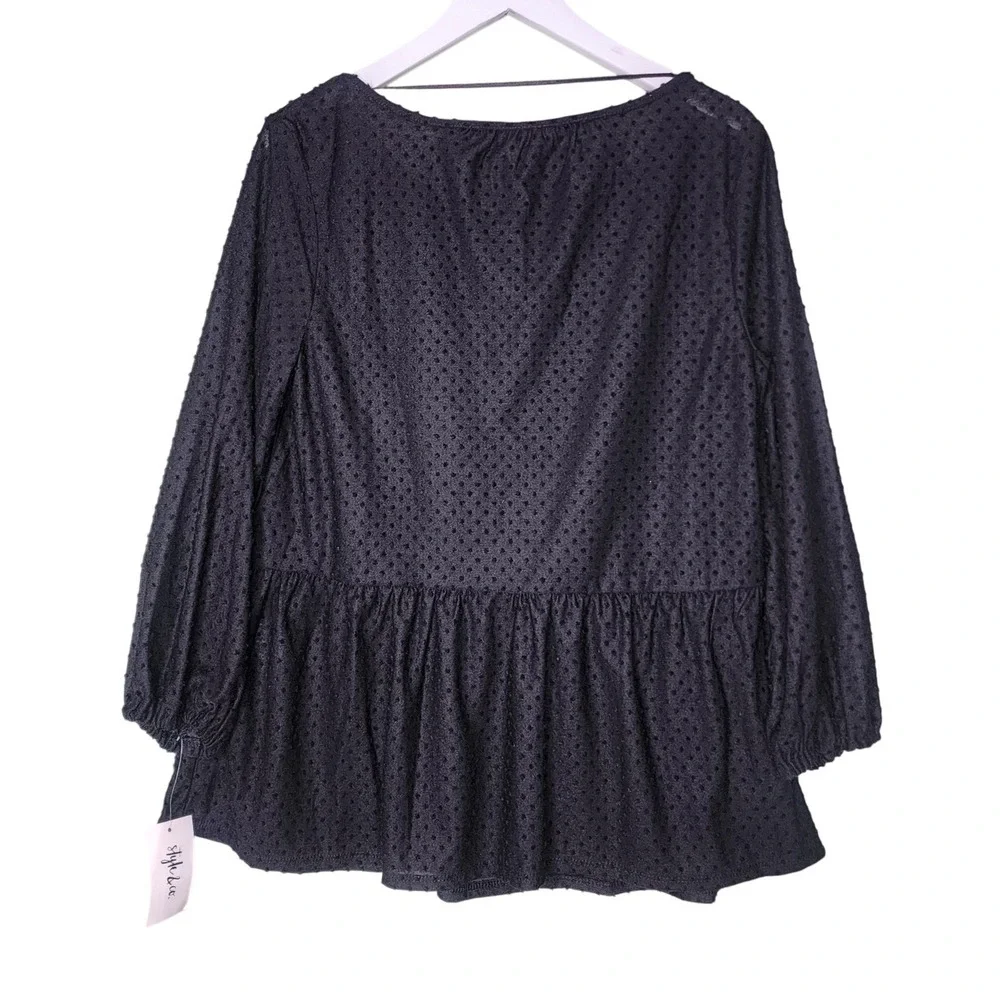 Style & Co Peplum Top S Black Swiss‎ Dot 3/4 Sleeves Semi Sheer Boho